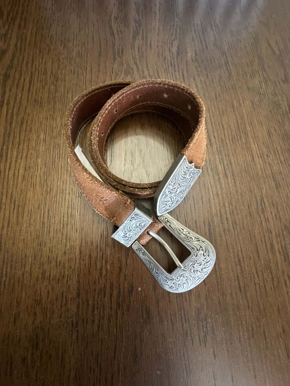 FRYE Brown Suede Western Tooled Leather Belt Size Small